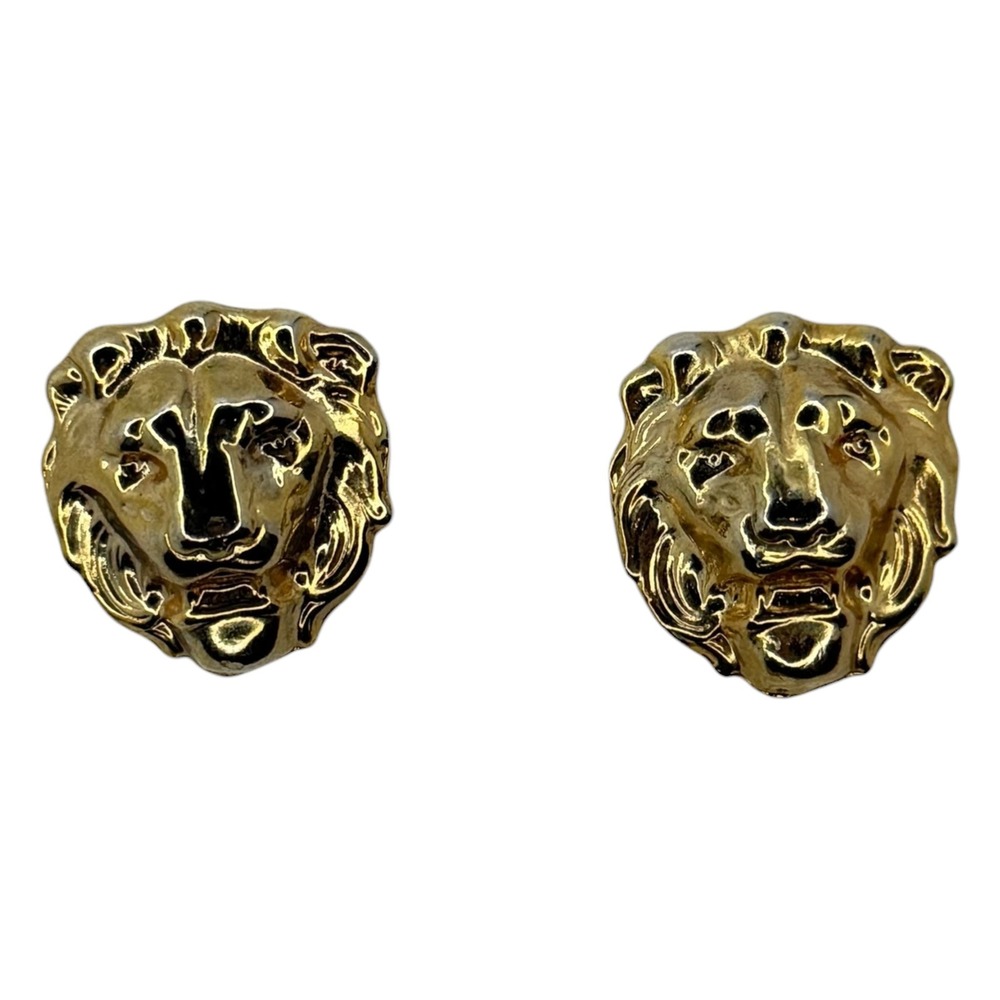 Vintage Lion Head Earrings Gold Tone Textured Clip On Statement